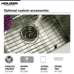Houzer Premier 33 inch Stainless Steel Drop-in Topmount 4-hole Single Bowl Kitchen Sink with Strainer & Grid - 18 Gauge, PGS-3122-4-C