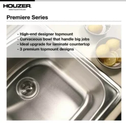 Houzer Premier 33 inch Stainless Steel Drop-in Topmount 4-hole Single Bowl Kitchen Sink with Strainer & Grid - 18 Gauge, PGS-3122-4-C