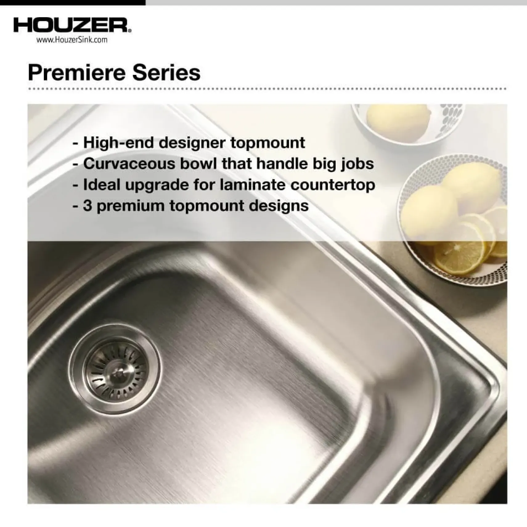 Houzer Premier 33 inch Stainless Steel Drop-in Topmount 4-hole Single Bowl Kitchen Sink with Strainer & Grid - 18 Gauge, PGS-3122-4-C