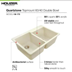 Houzer Quartztone 33 inch Slate Granite Composite Drop-in Topmount 60/40 Double Bowl Kitchen Sink - M-175 SLATE