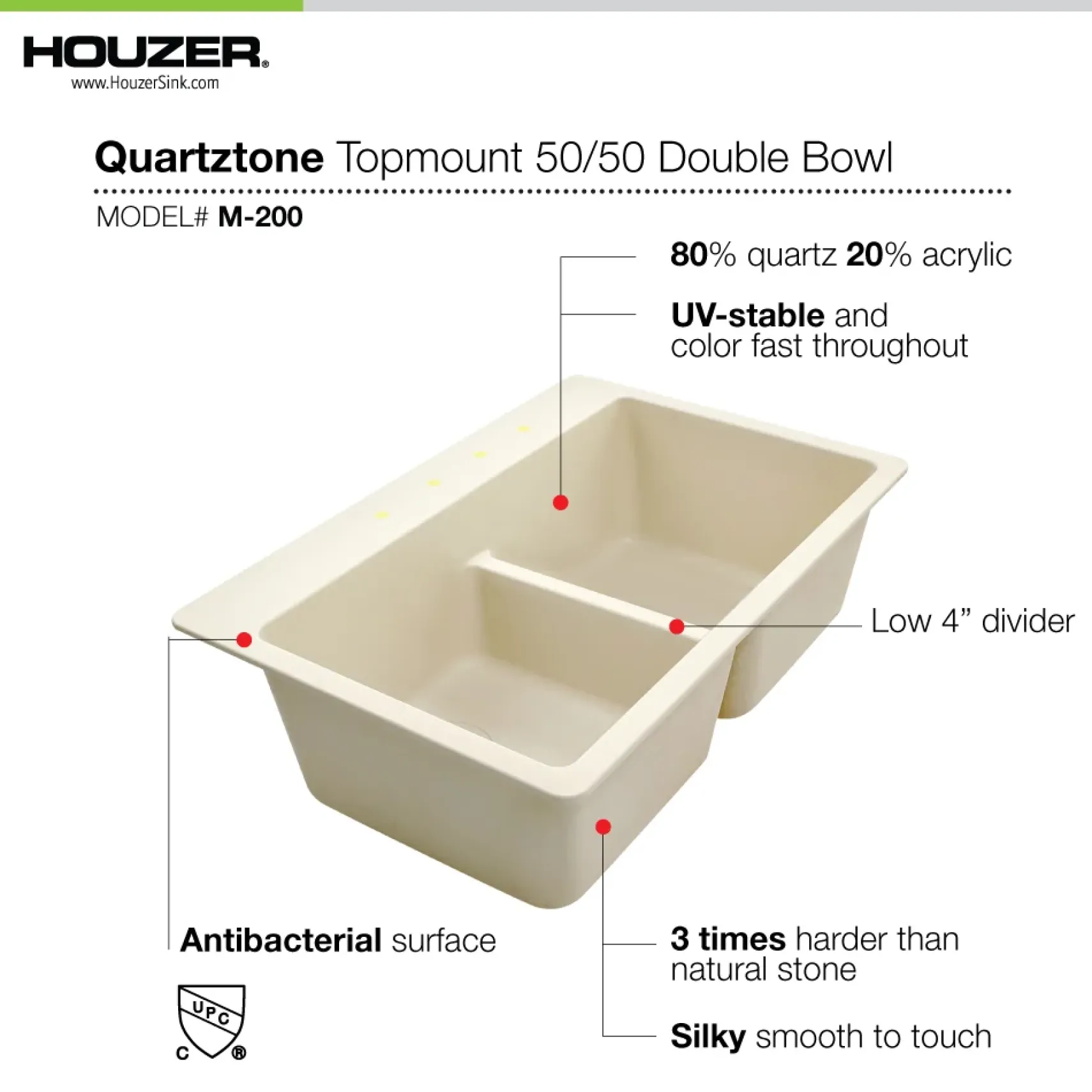 Houzer Quartztone 33" Mocha Granite Composite Drop-in Topmount 50/50 Double Bowl Kitchen Sink - M-200 SAND