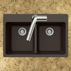 Houzer Quartztone 33" Mocha Granite Composite Drop-in Topmount 50/50 Double Bowl Kitchen Sink - M-200 MOCHA