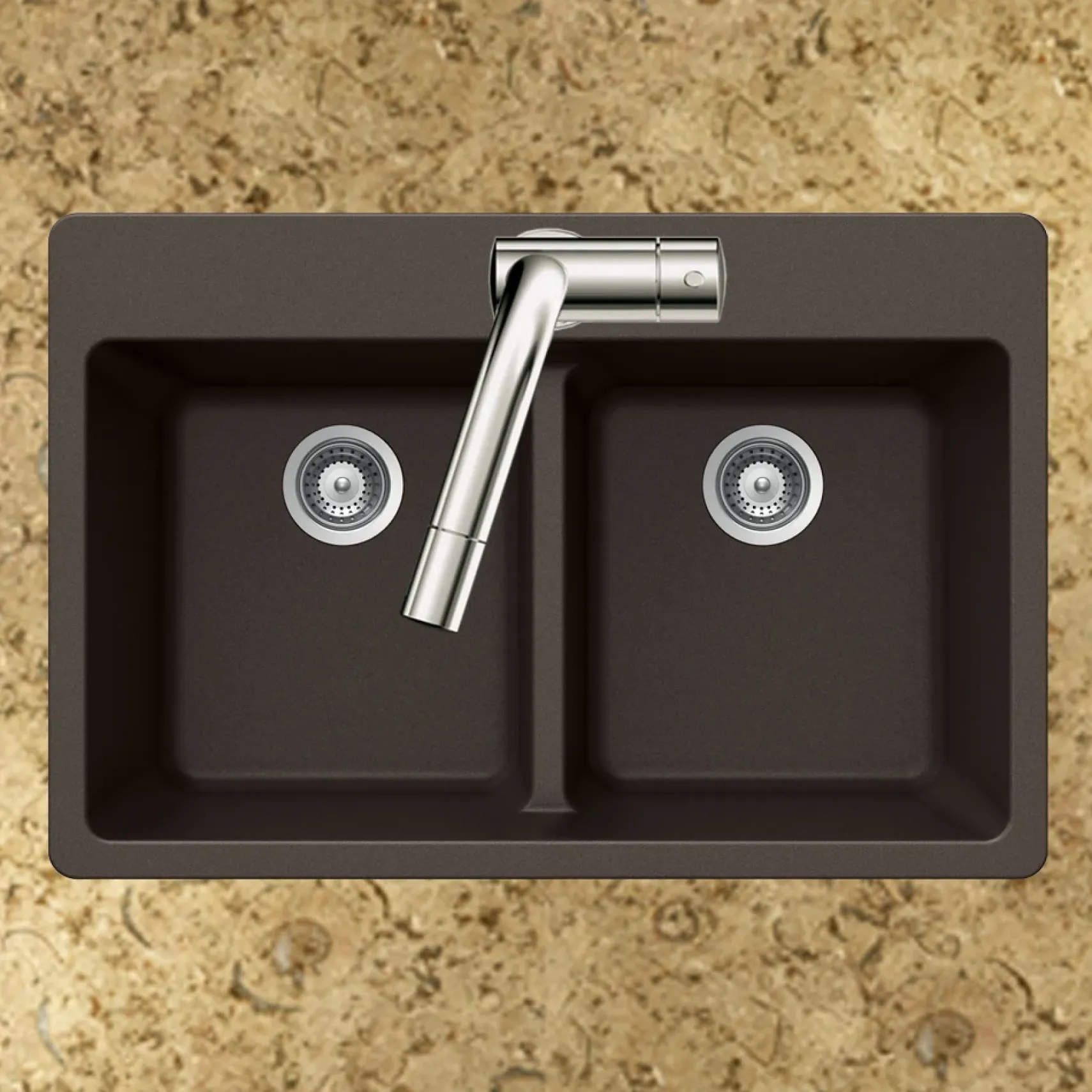 Houzer Quartztone 33" Mocha Granite Composite Drop-in Topmount 50/50 Double Bowl Kitchen Sink - M-200 MOCHA
