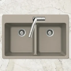 Houzer Quartztone 33" Taupe Granite Composite Drop-in Topmount 50/50 Double Bowl Kitchen Sink - M-200 TAUPE