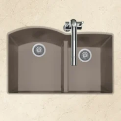 Houzer Quartztone 33" Undermount Granite Kitchen Sink, 60/40 Double Bowl, Taupe, P-175U Taupe