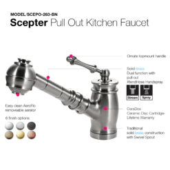 Houzer Scepter Pull Out Solid Brass Kitchen Faucet Brushed Nickel, SCEPO-263-BN