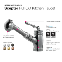 Houzer Scepter Pull Out Traditional Solid Brass Kitchen Faucet CeraDox Technology Polished Chrome, SCEPO-263-PC