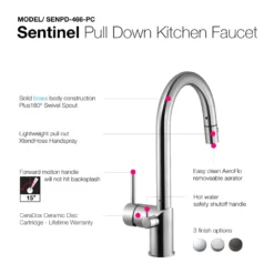 Houzer Sentinel Pull Down Kitchen Faucet with Hot Water Safety Switch Polished Chrome, SENPD-466-PC