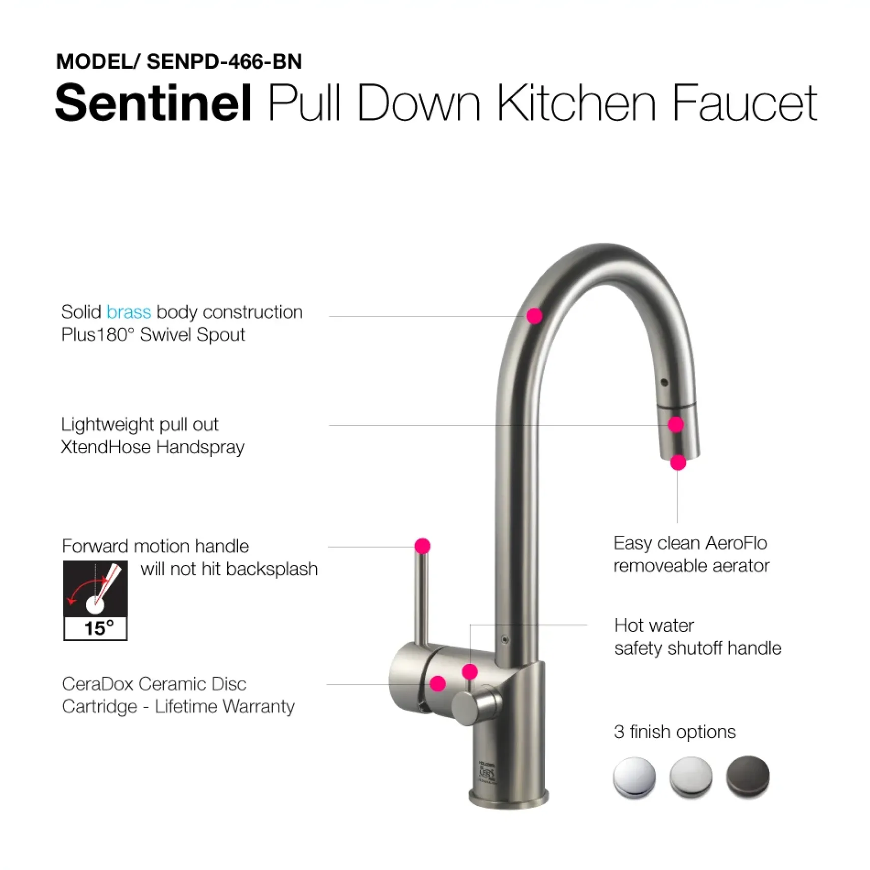 Houzer Sentinel Pull Down Kitchen Faucet Hot Water Safety Brushed Nickel, SENPD-466-BN