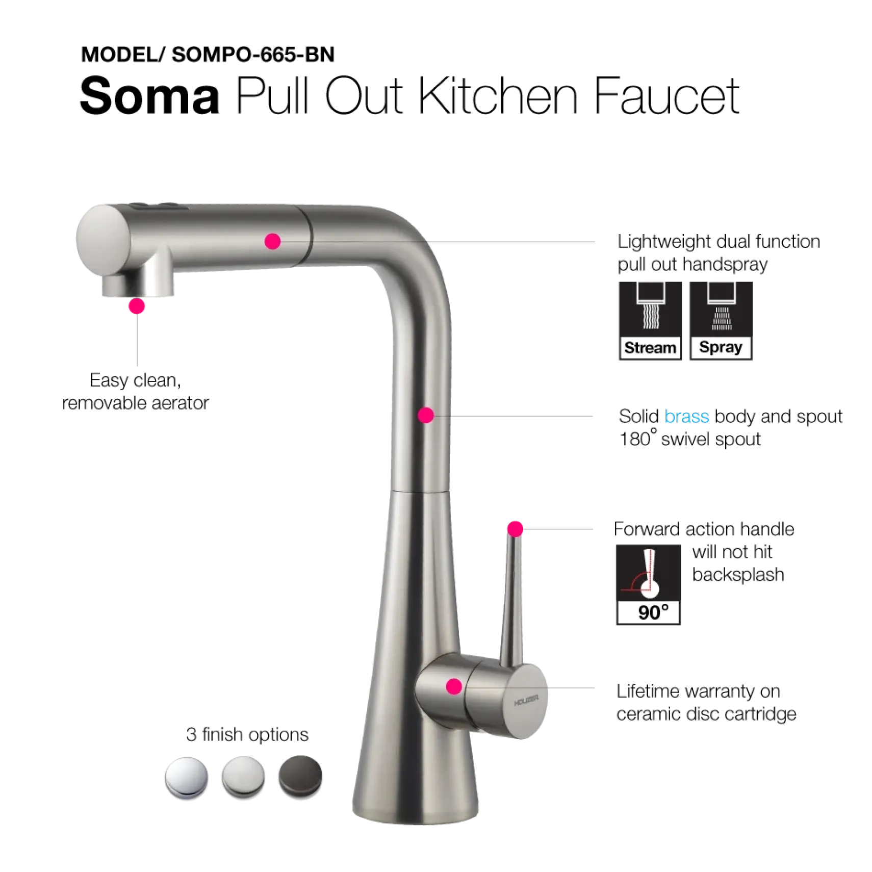 Houzer Soma Pull Out Kitchen Faucet Brushed Nickel, SOMPO-665-BN