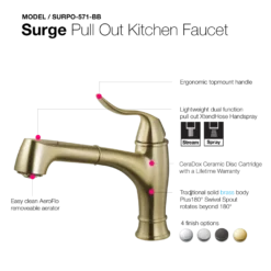 Houzer Surge Pull Out Kitchen Faucet Brushed Brass, SURPO-571-BB