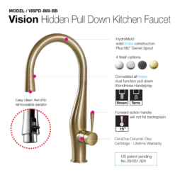Houzer Vision Hidden Pull Down Kitchen Faucet Brushed Brass, VISPD-869-BB