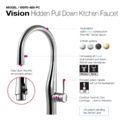 Houzer Vision Hidden Pull Down Kitchen Faucet with CeraDox Technology Polished Chrome, VISPD-869-PC