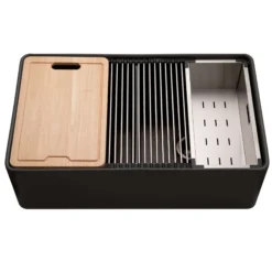 Houzer Aspire 33" Black Fireclay Farmhouse Apron Front 50/50 Double Bowl Workstation Sink - PTW-3320SD BL