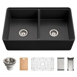 Houzer Aspire 33" Black Fireclay Farmhouse Apron Front 50/50 Double Bowl Workstation Sink - PTW-3320SD BL