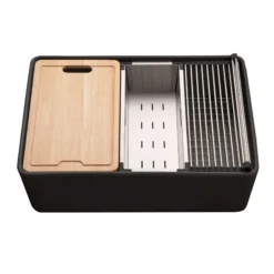 Houzer Aspire 30 inch Black Fireclay Farmhouse Apron Front Single Bowl Workstation Sink with Accessories - PTW-3020S BL