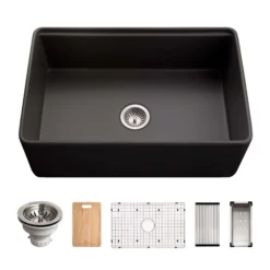 Houzer Aspire 30 inch Black Fireclay Farmhouse Apron Front Single Bowl Workstation Sink with Accessories - PTW-3020S BL