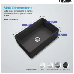 Houzer Aspire 30 inch Black Fireclay Farmhouse Apron Front Single Bowl Workstation Sink with Accessories - PTW-3020S BL