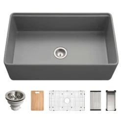 Houzer Aspire 33 inch Gray Fireclay Farmhouse Apron Front Single Bowl Workstation with Accessories PTW-3320S GR
