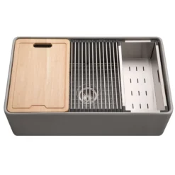 Houzer Aspire 33 inch Gray Fireclay Farmhouse Apron Front Single Bowl Workstation with Accessories PTW-3320S GR