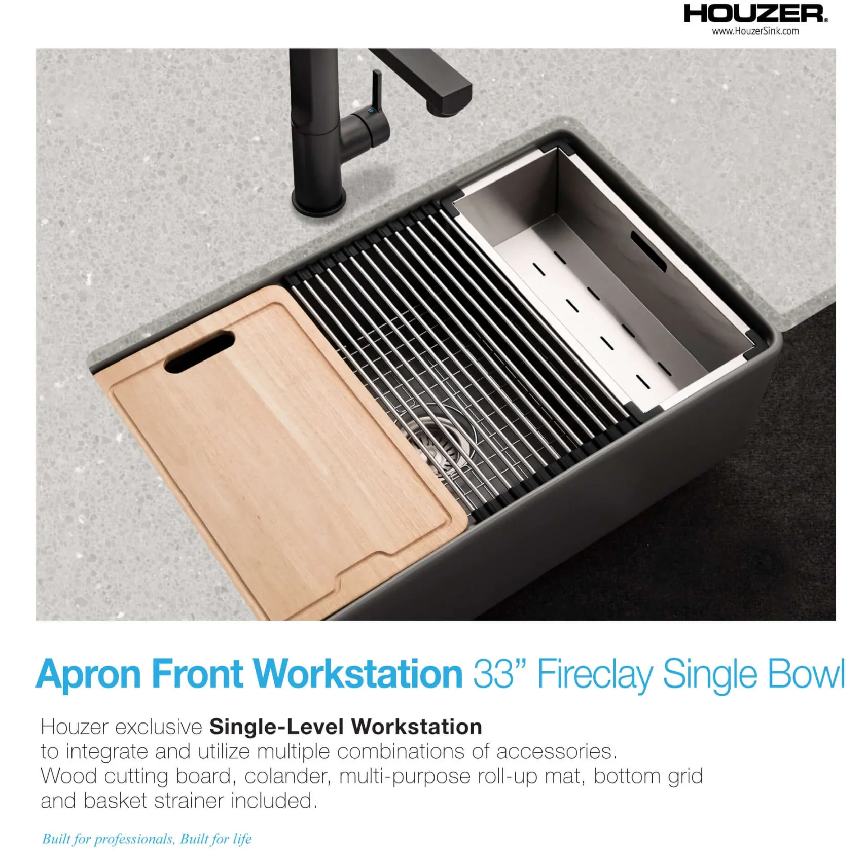 Houzer Aspire 33 inch Gray Fireclay Farmhouse Apron Front Single Bowl Workstation with Accessories PTW-3320S GR