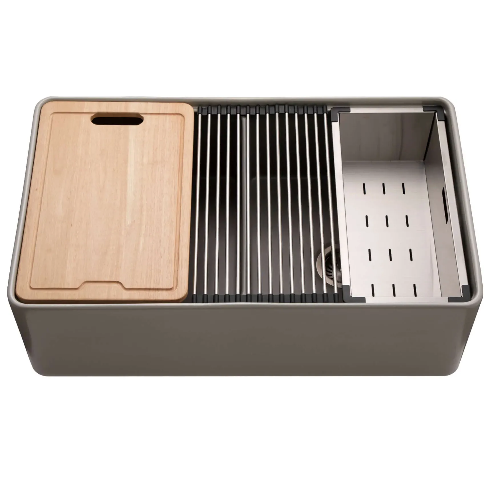 Houzer Aspire 33 inch Gray Fireclay Farmhouse Apron Front 50/50 Double Bowl Workstation Sink with Accessories - PTW-3320SD GR