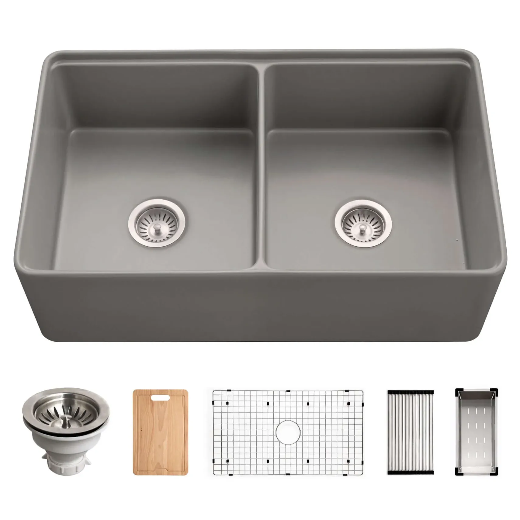 Houzer Aspire 33 inch Gray Fireclay Farmhouse Apron Front 50/50 Double Bowl Workstation Sink with Accessories - PTW-3320SD GR