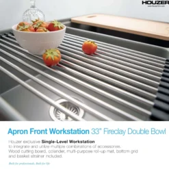 Houzer Aspire 33 inch Gray Fireclay Farmhouse Apron Front 50/50 Double Bowl Workstation Sink with Accessories - PTW-3320SD GR