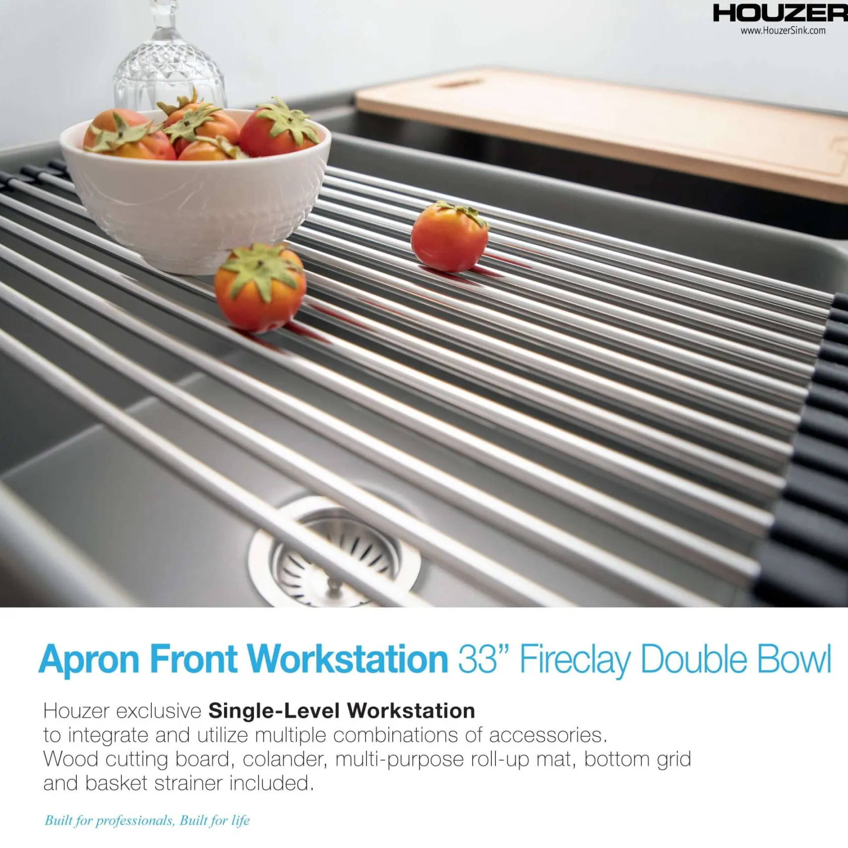 Houzer Aspire 33 inch Gray Fireclay Farmhouse Apron Front 50/50 Double Bowl Workstation Sink with Accessories - PTW-3320SD GR