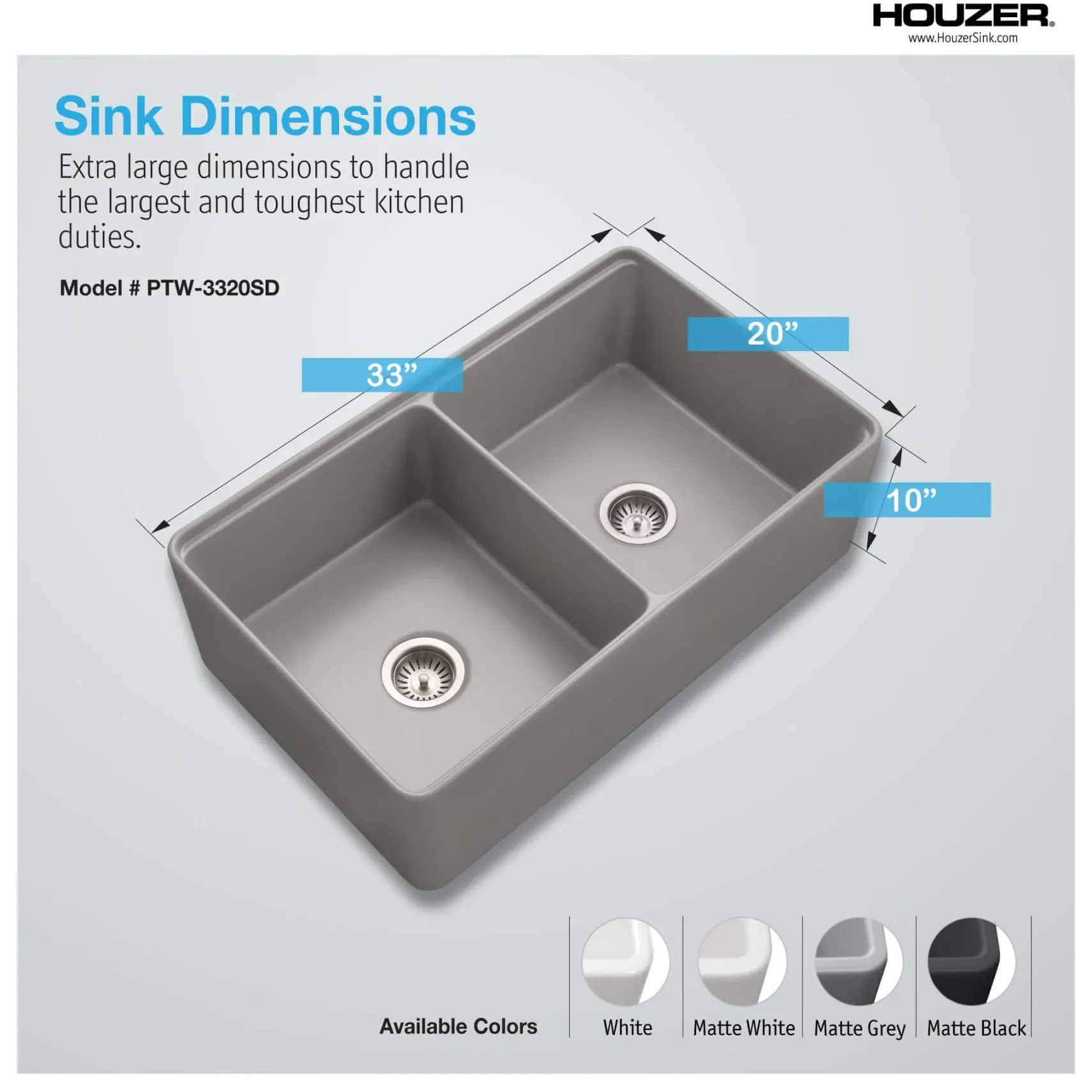 Houzer Aspire 33 inch Gray Fireclay Farmhouse Apron Front 50/50 Double Bowl Workstation Sink with Accessories - PTW-3320SD GR