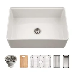 Houzer Aspire 30 inch Matte White Fireclay Farmhouse Apron Front Single Bowl Workstation Sink with Accessories PTW-3020S MWH