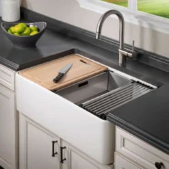 Houzer Aspire 30 inch Matte White Fireclay Farmhouse Apron Front Single Bowl Workstation Sink with Accessories PTW-3020S MWH