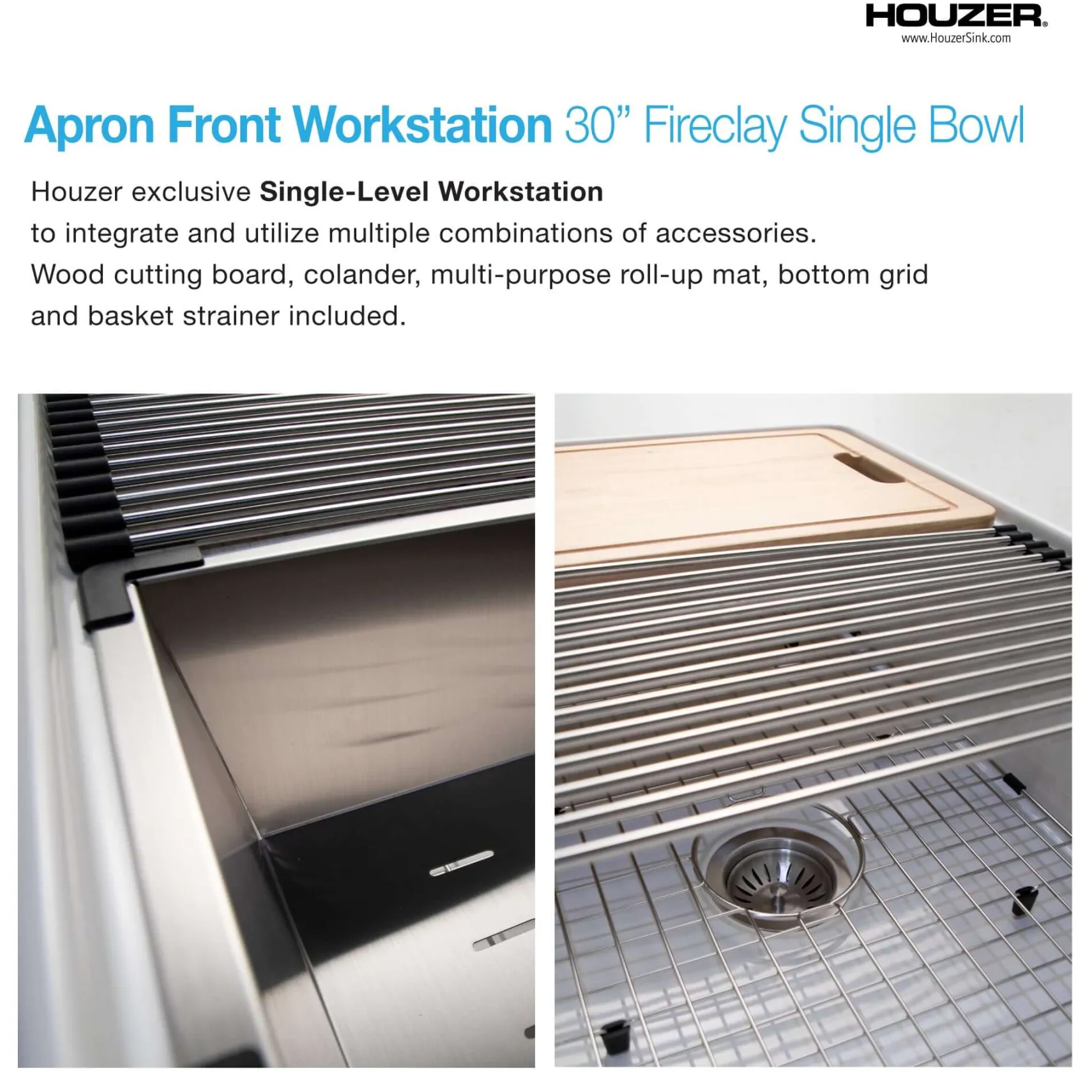 Houzer Aspire 30 inch Matte White Fireclay Farmhouse Apron Front Single Bowl Workstation Sink with Accessories PTW-3020S MWH