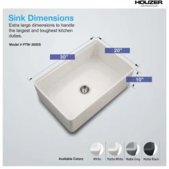 Houzer Aspire 30 inch Matte White Fireclay Farmhouse Apron Front Single Bowl Workstation Sink with Accessories PTW-3020S MWH