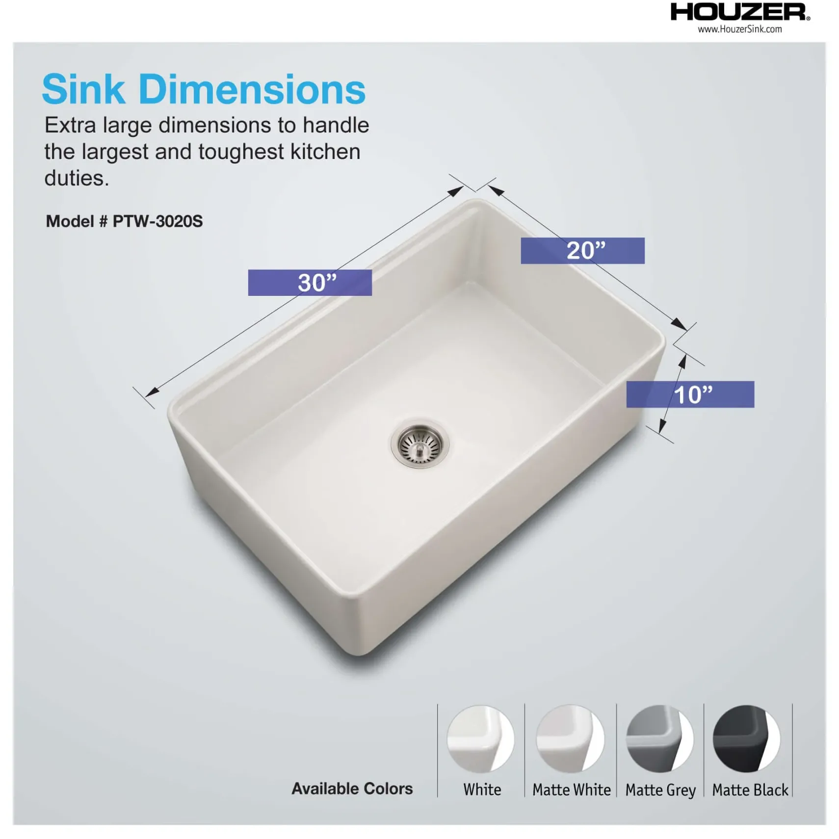 Houzer Aspire 30 inch Matte White Fireclay Farmhouse Apron Front Single Bowl Workstation Sink with Accessories PTW-3020S MWH