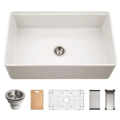 Houzer Aspire 33 inch Matte White Fireclay Farmhouse Apron Front Single Bowl Workstation with Accessories - PTW-3320S MWH