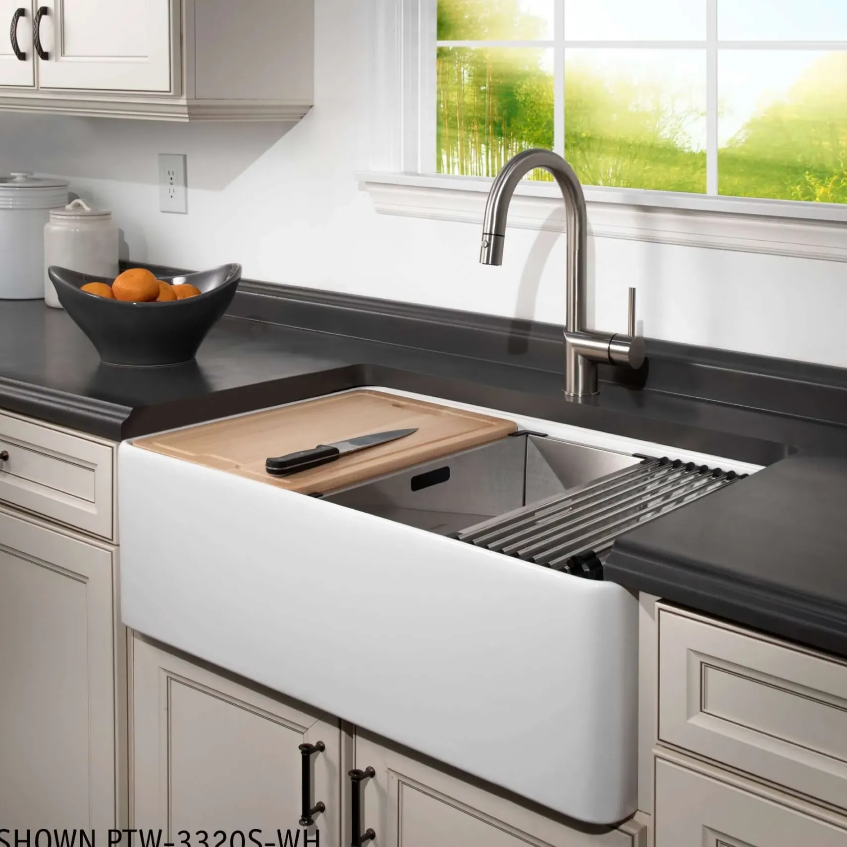 Houzer Aspire 33 inch Matte White Fireclay Farmhouse Apron Front 50/50 Double Bowl Workstation Sink with Accessories - PTW-3320SD MWH