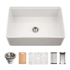 Houzer Aspire 30 inch White Fireclay Farmhouse Apron Front Single Bowl Workstation Sink with Accessories - PTW-3020S WH