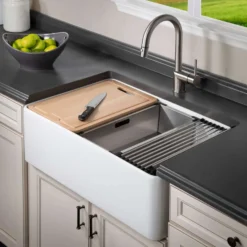 Houzer Aspire 30 inch White Fireclay Farmhouse Apron Front Single Bowl Workstation Sink with Accessories - PTW-3020S WH