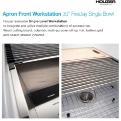 Houzer Aspire 30 inch White Fireclay Farmhouse Apron Front Single Bowl Workstation Sink with Accessories - PTW-3020S WH
