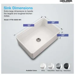 Houzer Aspire 30 inch White Fireclay Farmhouse Apron Front Single Bowl Workstation Sink with Accessories - PTW-3020S WH