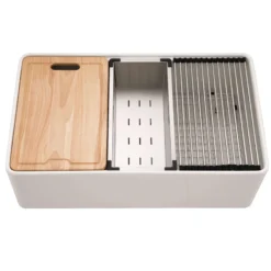 Houzer Aspire 33 inch White Fireclay Farmhouse Apron Front Single Bowl Workstation with Accessories - PTW-3320S WH