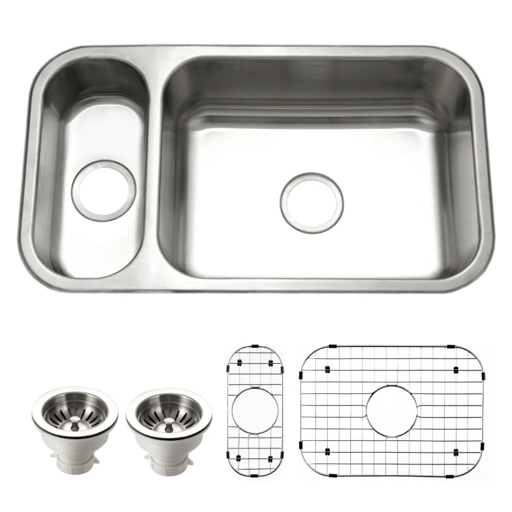 Houzer Elite 31 inch Stainless Steel Undermount 80/20 Small Left Double Bowl Kitchen Sink with Strainer & Grids - 20 Gauge, EHD-3118-C