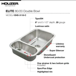 Houzer Elite 31 inch Stainless Steel Undermount 80/20 Small Left Double Bowl Kitchen Sink with Strainer & Grids - 20 Gauge, EHD-3118-C