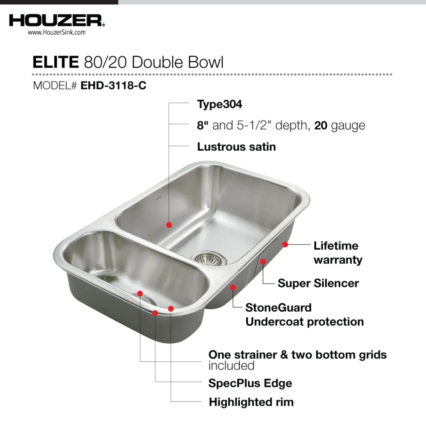 Houzer Elite 31 inch Stainless Steel Undermount 80/20 Small Left Double Bowl Kitchen Sink with Strainer & Grids - 20 Gauge, EHD-3118-C