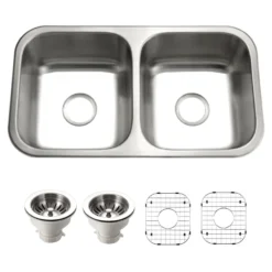 Houzer Elite 31 inch Stainless Steel Undermount 50/50 Double Bowl Kitchen Sink with Strainer & Grid - 20 Gauge, ED-3108-C