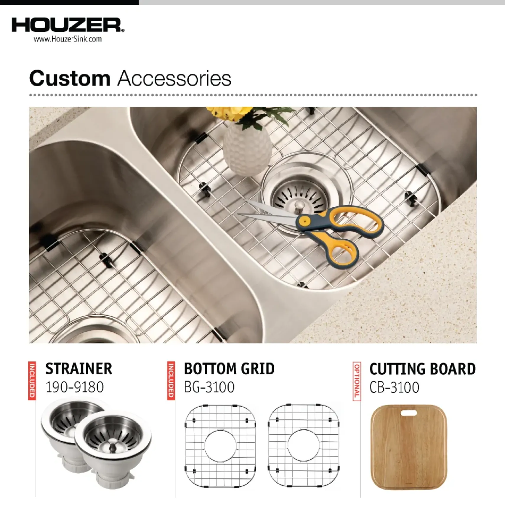 Houzer Elite 31 inch Stainless Steel Undermount 50/50 Double Bowl Kitchen Sink with Strainer & Grid - 20 Gauge, ED-3108-C