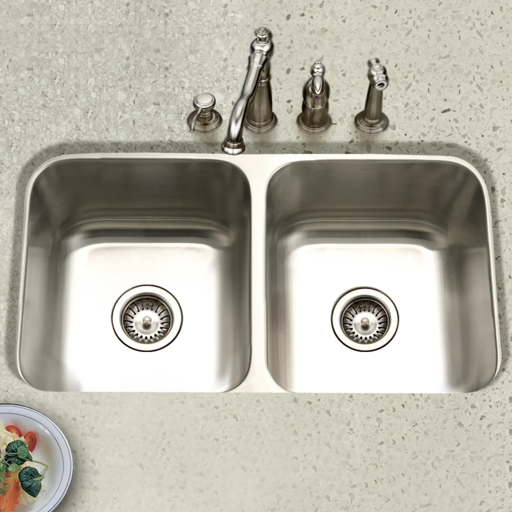 Houzer Eston 31 inch Stainless Steel Undermount 50/50 Double Bowl Kitchen Sink with Strainer & Grid - 18 Gauge, STD-2100-C
