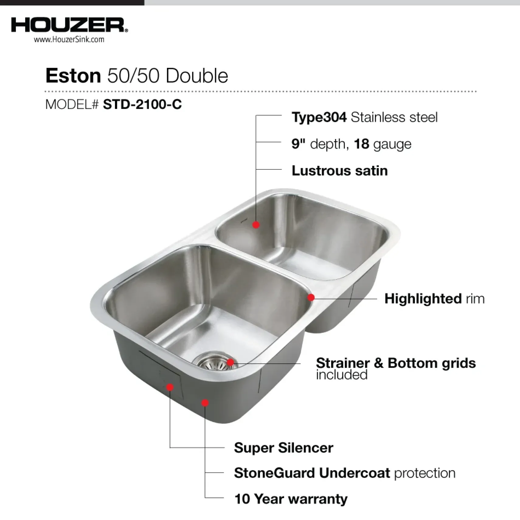 Houzer Eston 31 inch Stainless Steel Undermount 50/50 Double Bowl Kitchen Sink with Strainer & Grid - 18 Gauge, STD-2100-C