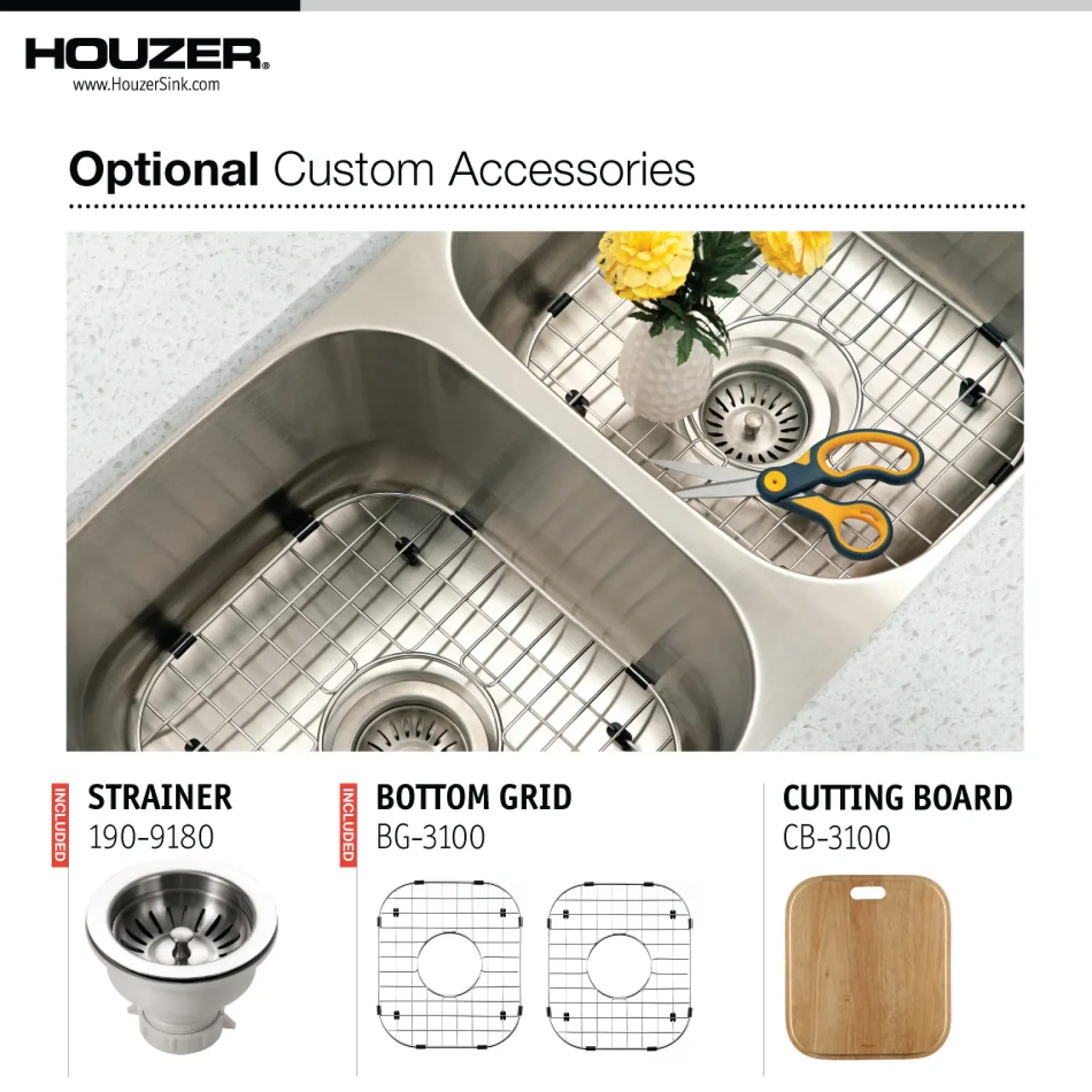Houzer Eston 31 inch Stainless Steel Undermount 50/50 Double Bowl Kitchen Sink with Strainer & Grid - 18 Gauge, STD-2100-C